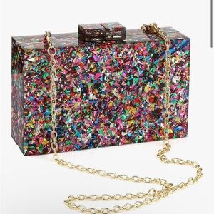 Showstopper Multicolor Metallic Confetti Clutch with Gold Chain NWOT